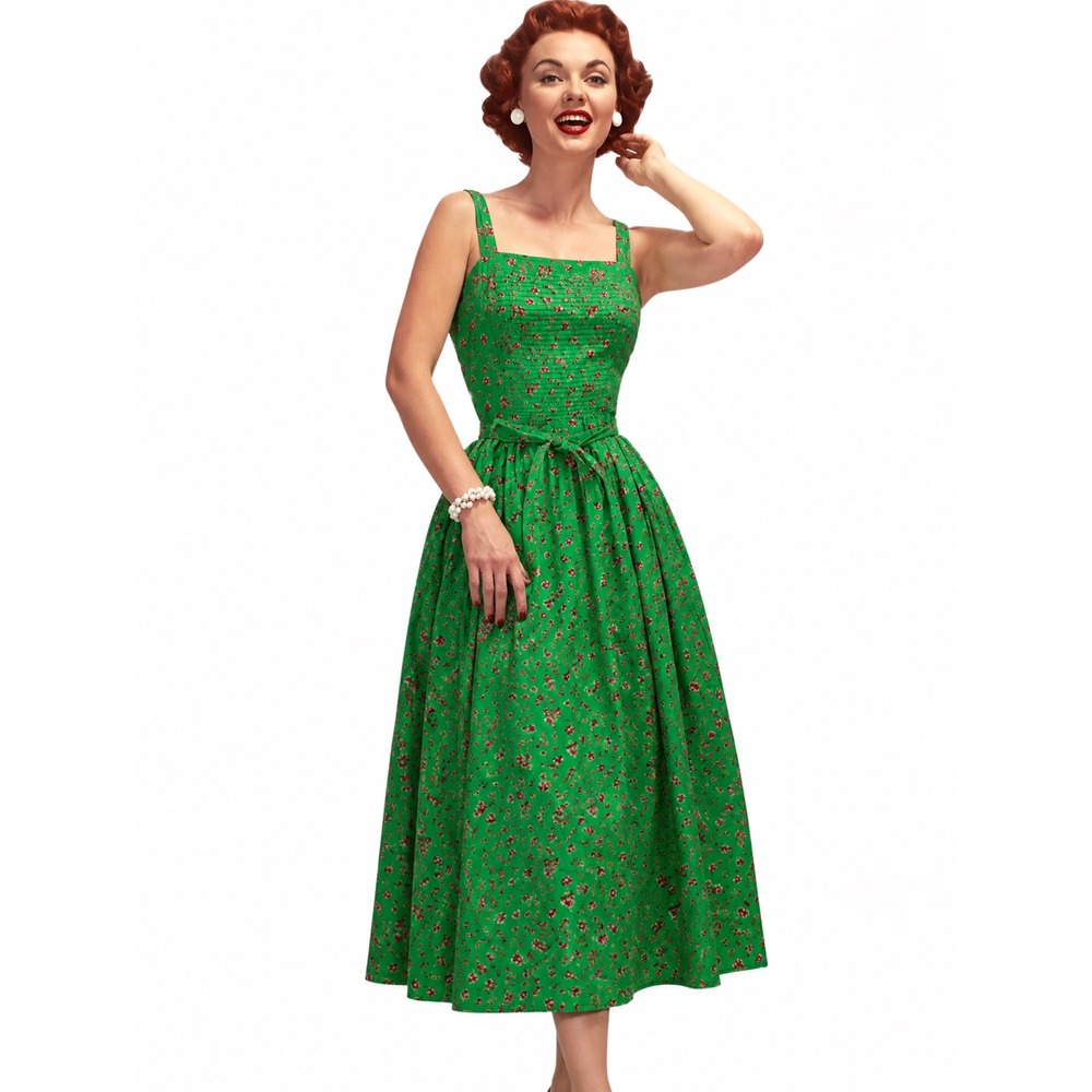 Lanz Original Vintage Green Pink Floral Rose Midi Dress Size 5/6 Cottagecore